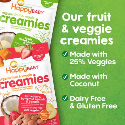 Happy Baby Organic Creamies Freeze-Dried Fruit, Veggie, & Coconut Cream Snacks, with Apple, Sweet Potato, and Kiwi, Made for Crawling Baby, 1 Ounce (Pack of 8)
