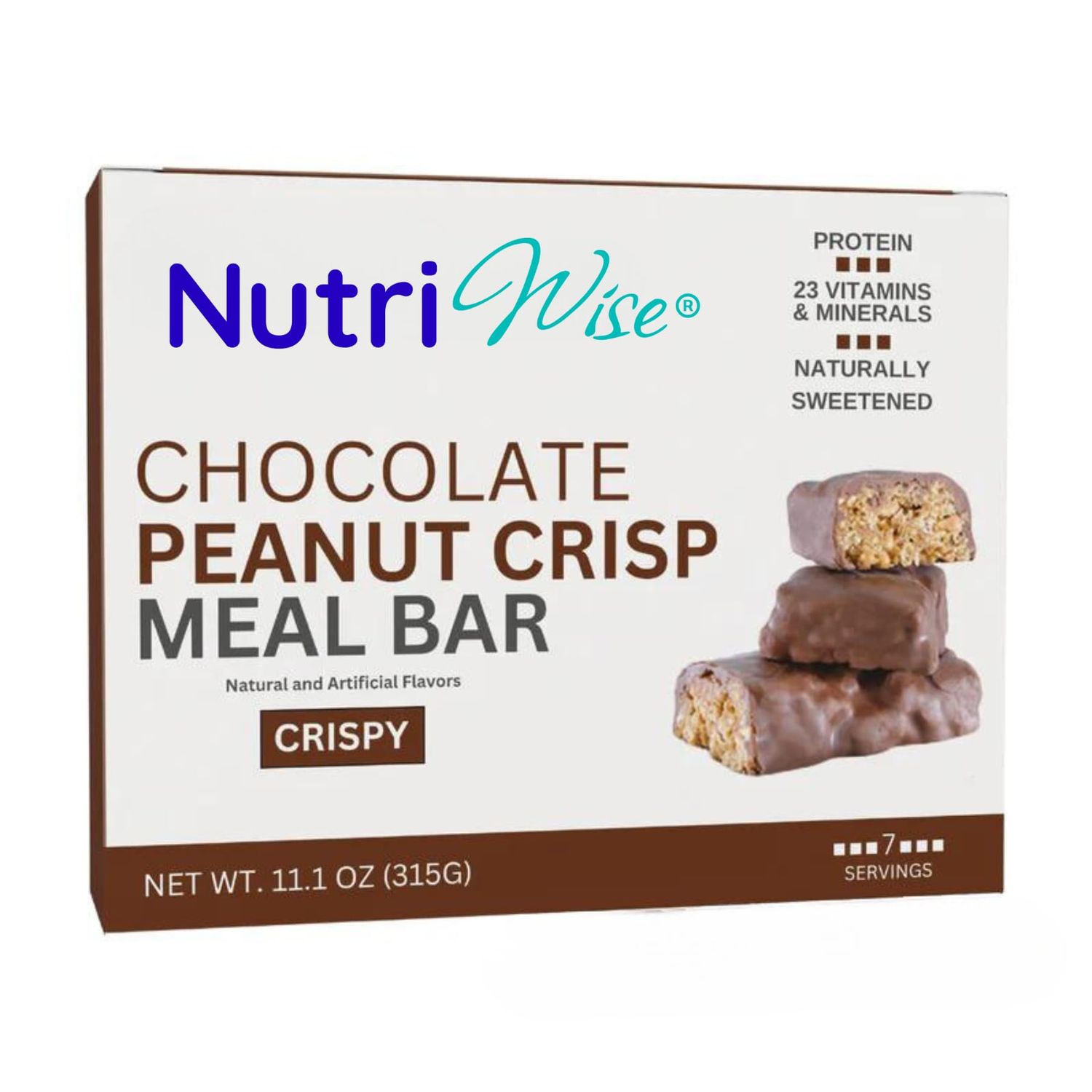 Nutriwise High Protein &amp; Fiber Bar  Chocolate Peanut Crisp  15g Protein, 5g Sugar, 17g Net Carb  Gluten-Free Low-Calorie Snack  Meal Replacement Bar  7/Box