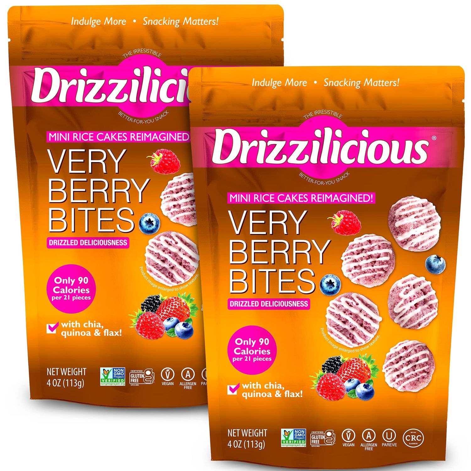 Drizzilicious Mini Rice Cakes Very Berry - Rice Crisps, Healthy Snack for Adults and Kids, Flavored Rice Cakes, Vegan, Gluten Free, Allergen Free, Only 90 Calories Per Serving - 4 oz (Pack of 2)