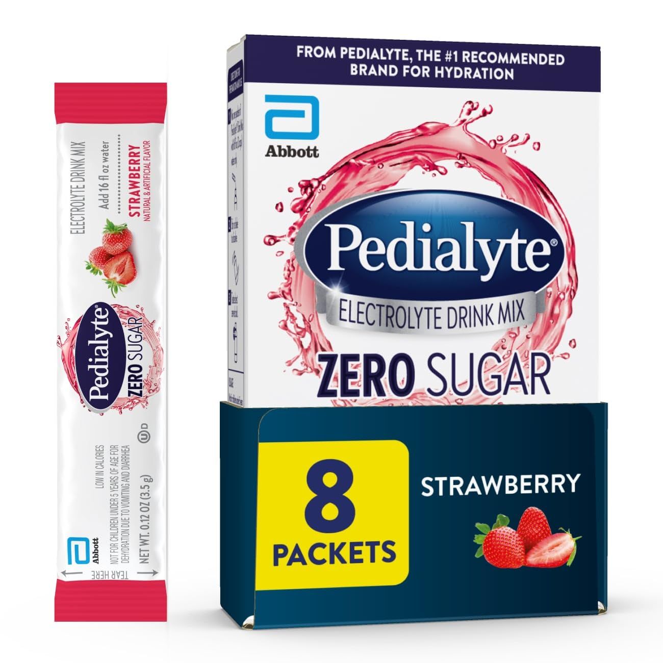 Pedialyte Electrolyte Drink Mix With Zero Sugar  Hydration With Key Electrolytes  Great Hydration Low in Calories  Strawberry, 8 Powder Packets