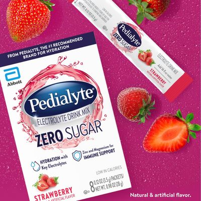 Pedialyte Electrolyte Drink Mix With Zero Sugar  Hydration With Key Electrolytes  Great Hydration Low in Calories  Strawberry, 8 Powder Packets