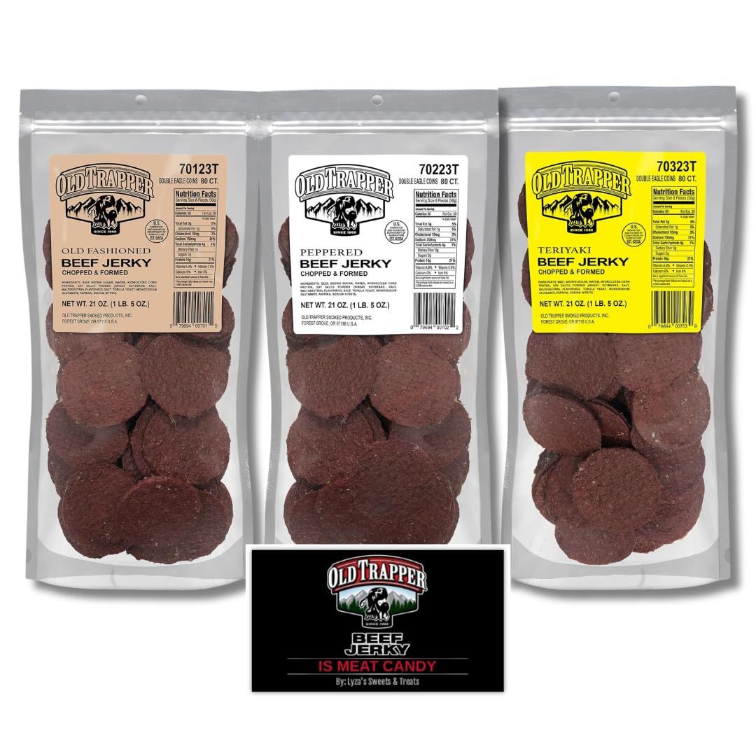 Old Trapper Double Eagle Beef Jerky Gift Set, Old Fashioned, Peppered &amp; Teriyaki - Pack of 3 with Bonus Old Trapper Magnet by Lyza&#39;s Sweets &amp; Treats