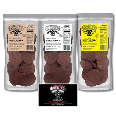 Old Trapper Double Eagle Beef Jerky Gift Set, Old Fashioned, Peppered &amp; Teriyaki - Pack of 3 with Bonus Old Trapper Magnet by Lyza&#39;s Sweets &amp; Treats
