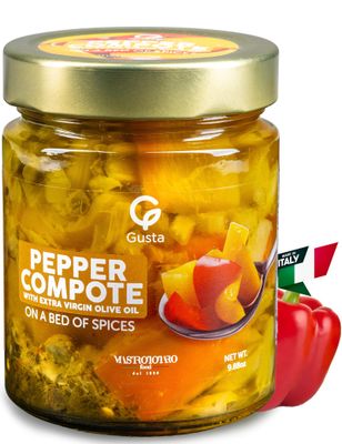 Gusta Pepper Compote in Olive Oil on a Bed of Spices - Made in Italy - Organic Bell Peppers Glass Jar with Extra Virgin Olive Oil - Non-GMO, All Natural - Perfect Snack - 9.88oz Glass Jar