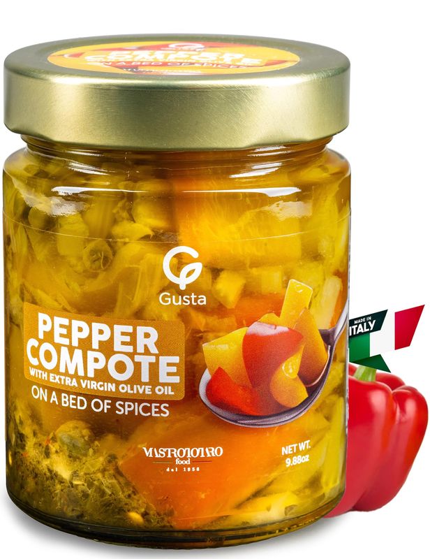 Gusta Pepper Compote in Olive Oil on a Bed of Spices - Made in Italy - Organic Bell Peppers Glass Jar with Extra Virgin Olive Oil - Non-GMO, All Natural - Perfect Snack - 9.88oz Glass Jar