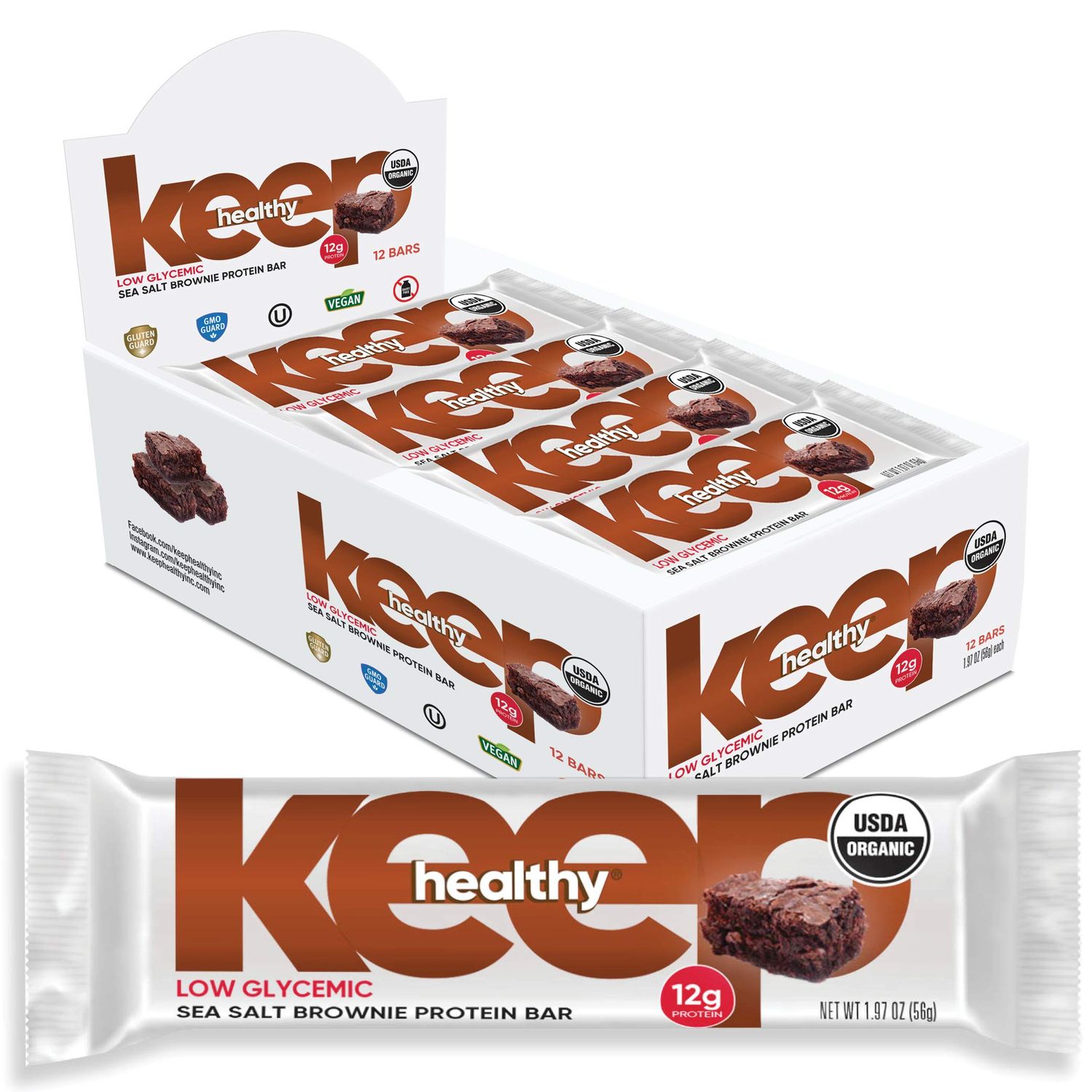 Keep Healthy Low Glycemic Bar - Sea Salt Brownie - 12g Plant Based Protein, Low Sugar, Organic, Vegan, Gluten Free, Soy Free, Dairy Free Protein Bar (12 Bars)