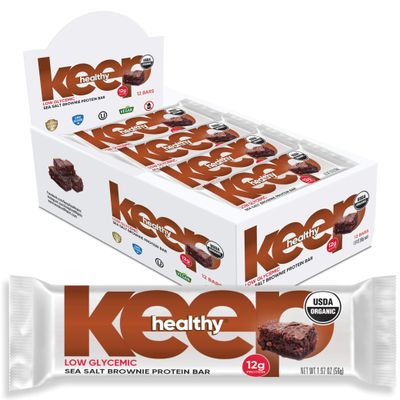 Keep Healthy Low Glycemic Bar - Sea Salt Brownie - 12g Plant Based Protein, Low Sugar, Organic, Vegan, Gluten Free, Soy Free, Dairy Free Protein Bar (12 Bars)
