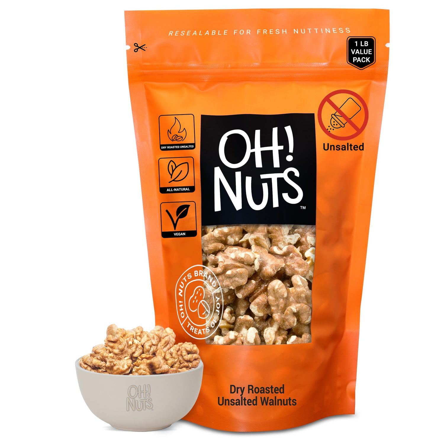 Oh! Nuts Dry Roasted Unsalted Walnuts - Packed in 1 LB Resealable Bulk Bag - Fresh &amp; Healthy Keto Snacks - For gourmet Baking &amp; Cooking, Salad, Smoothies