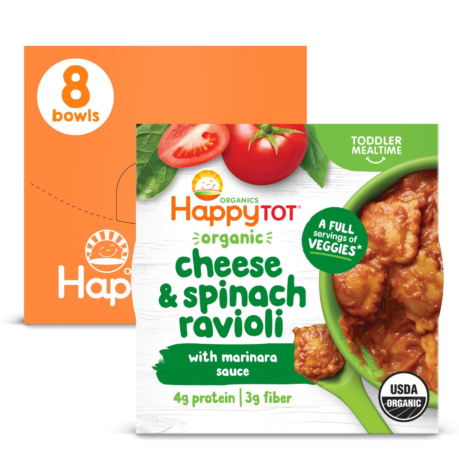 Happy Tot Organics Love My Veggies Bowl, Cheese &amp; Spinach Ravioli with Marinara Sauce, 4.5 Ounce Pouch (Pack of 8) packaging may vary