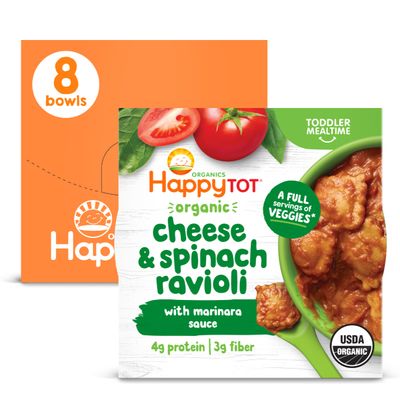 Happy Tot Organics Love My Veggies Bowl, Cheese &amp; Spinach Ravioli with Marinara Sauce, 4.5 Ounce Pouch (Pack of 8) packaging may vary