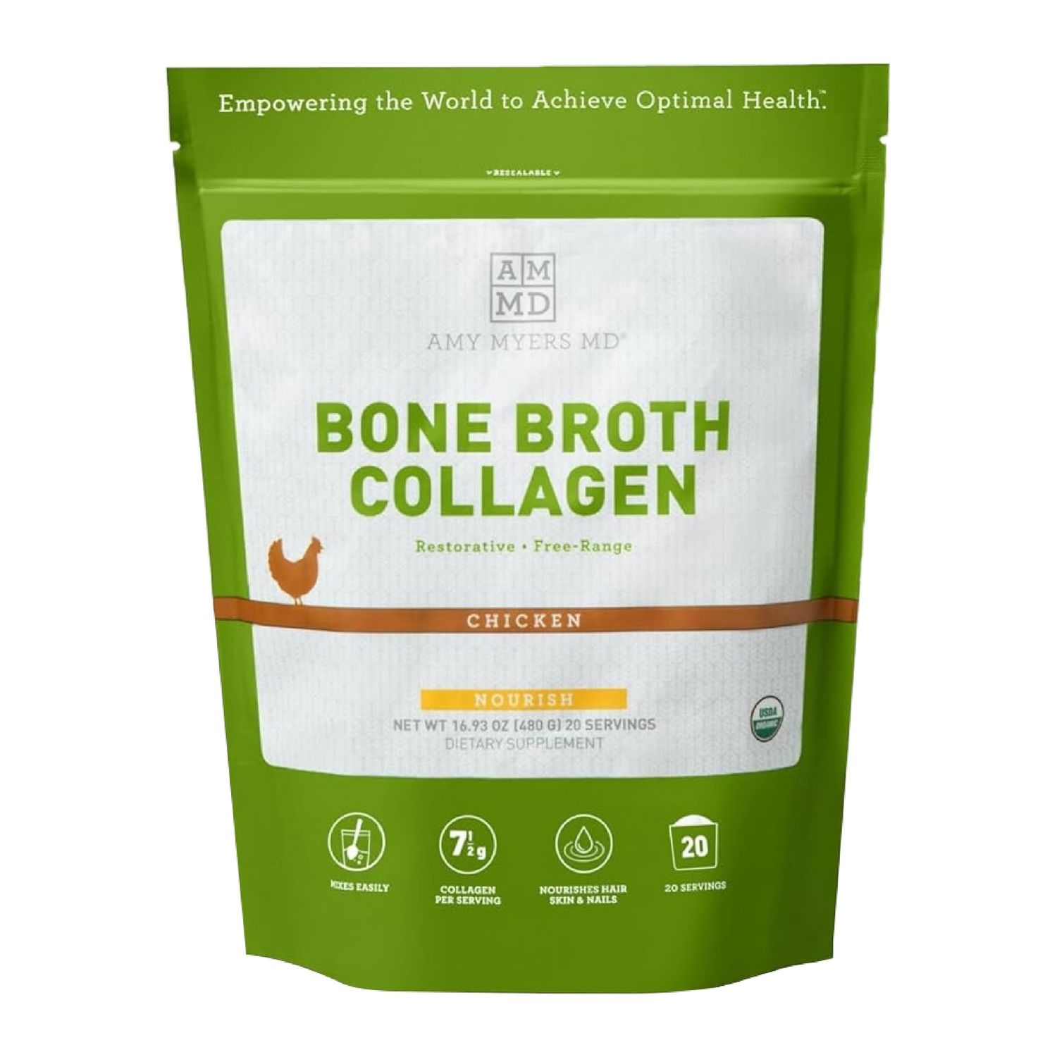 Amy Myers MD Bone Broth Collagen Powder - Type II Collagen Protein Powder from Organic Chicken Bone Broth - Supports Hair, Skin, Nails, Bones &amp; Joints Health - Keto Friendly, 20 Servings (Chicken)