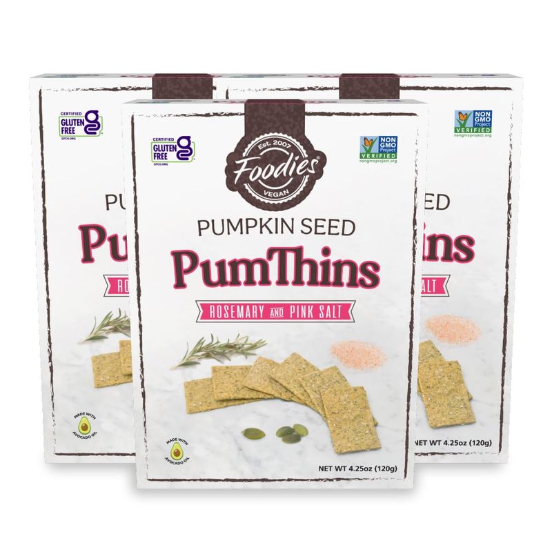 Foodies PumThins Rosemary &amp; Pink Salt Crackers, Gluten Free, Made with Organic Pumpkin Seeds, No Seed Oils, Healthy, Paleo Friendly, 4.25 oz (Pack of 3)