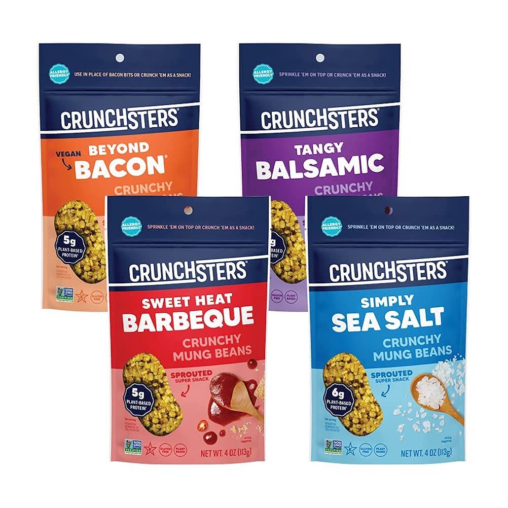 Crunchsters Crunchy Sprouted Mung Beans, Plant-Based Protein Super-Snack and Salad Topper, Gluten-Free, Nut-Free, Vegan, 6g Protein/Serving, 4oz. Bags (4 Pack, Variety)