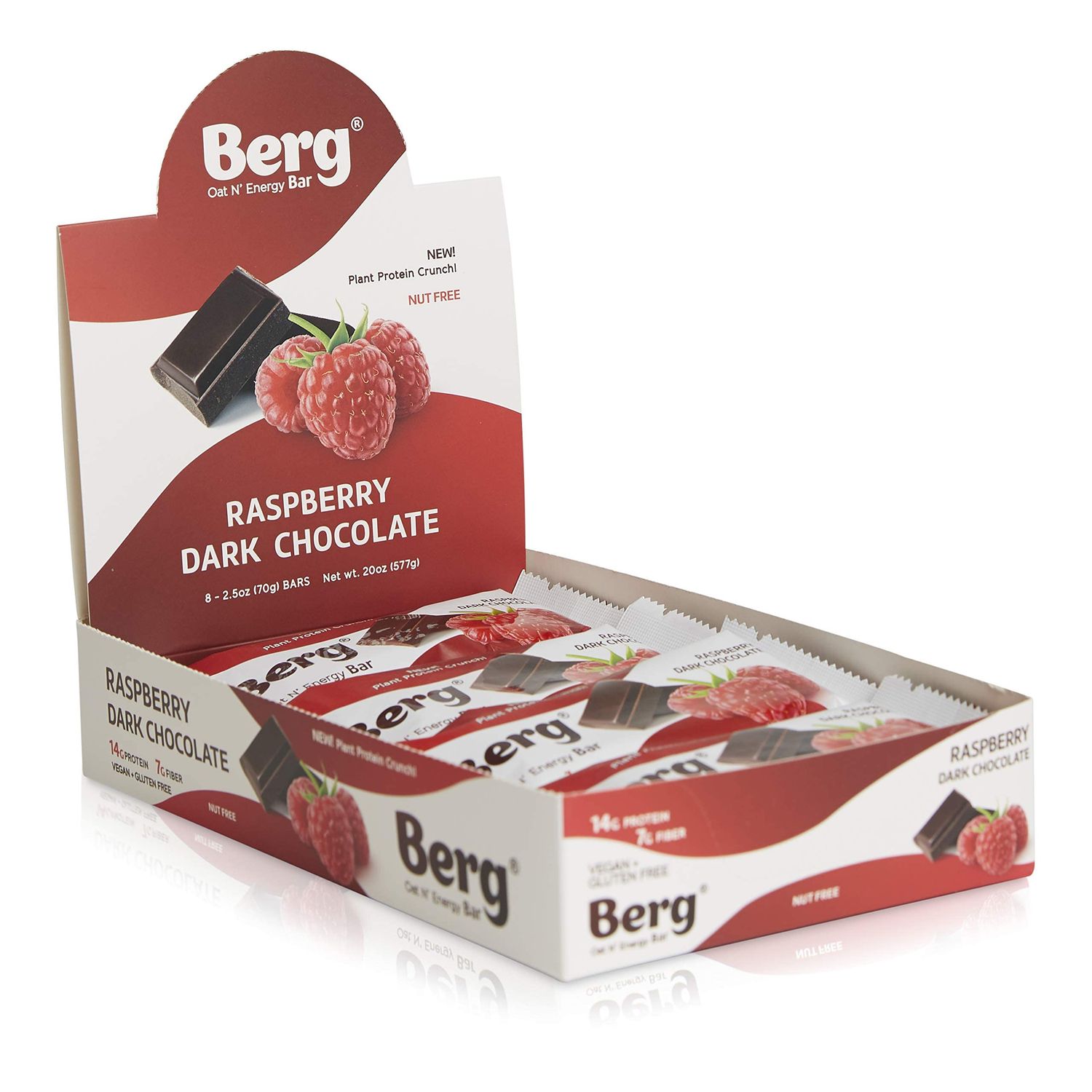 Berg Oat N&#39; Energy Bar  Raspberry Dark Chocolate  Plant Based Protein Bar  Non-GMO, Gluten Free, Nut Free and Vegan  Low Sugar, Healthy Snack Bar  High Fiber  On The Go  2.5oz (8 Packs)