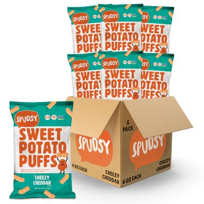 Spudsy Cheezy Cheddar Sweet Potato Puffs  Vegan Gluten Free Cheezies  Plant-Based, Allergen-Free, Non-GMO Kosher, Superfood Snack  6 Pack, 4 oz Bags