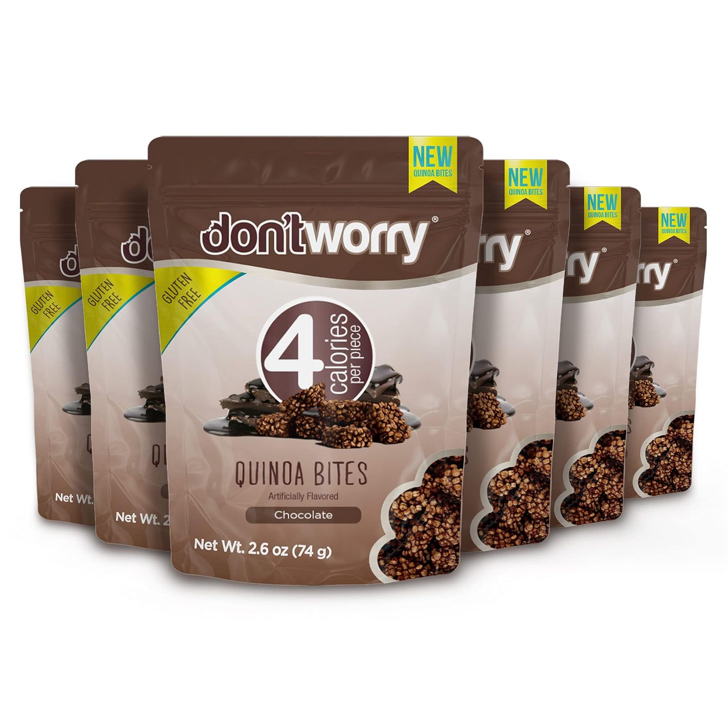Don&#39;t Worry Chocolate Quinoa Bites - Low Calorie Snacks, Only 4 Calories per Piece, Healthy Granola Mini Bars, Low Carb Quinoa Crisps, Gluten Free Protein Snack - (Chocolate, 6 Pack)