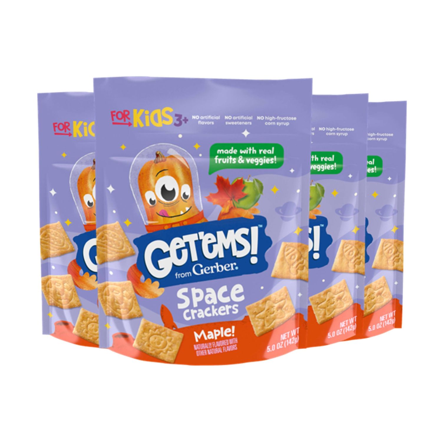 Get&#39;ems! from Gerber, Snacks for Kids, Maple Space Crackers Snacks for Kids, Made with Real Veggies &amp; Fruits, Iron &amp; Vitamin E - 4 pack