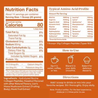 Further Food Hazelnut Collagen Peptides Powder with Lions Mane Mushroom, Grass-Fed Hydrolyzed Type 1 &amp; 3 Protein, Gut Health  Joint, Hair, Skin, Nails, Paleo Keto Sugar-Free 9.88 oz