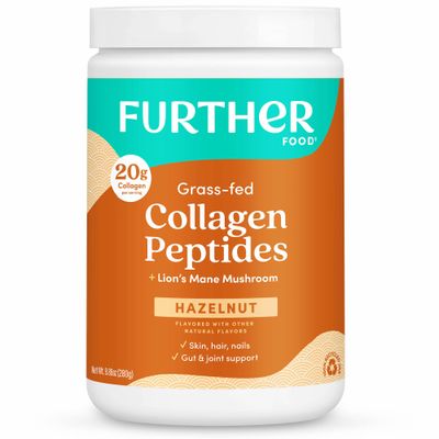 Further Food Hazelnut Collagen Peptides Powder with Lions Mane Mushroom, Grass-Fed Hydrolyzed Type 1 &amp; 3 Protein, Gut Health  Joint, Hair, Skin, Nails, Paleo Keto Sugar-Free 9.88 oz