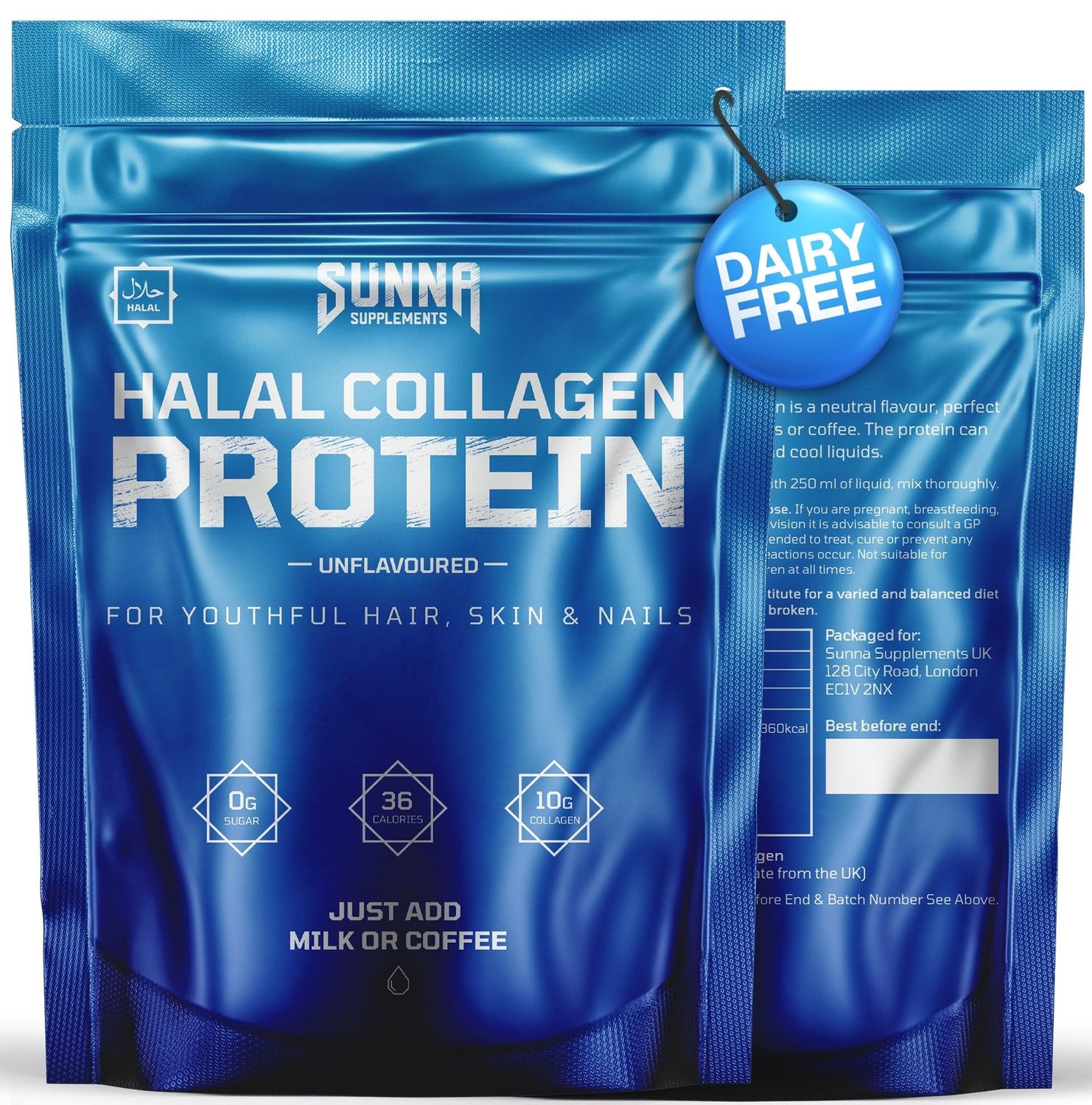 SUNNA SUPPLEMENTS - Halal Bovine Collagen Protein Powder for Hair Skin Nails and Joints - Type (I, III) Hydrolysed Premium Bovine Collagen Peptides for Women and Men  Gluten Free  Unflavoured