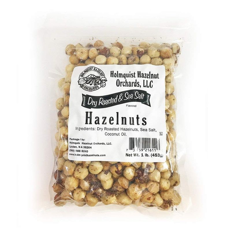 1 LB  Holmquist Hazelnuts Dry Roasted Hazelnuts  Sea Salt  Skins Mostly Removed  HEART HEALTHY  NON-GMO, GLUTEN FREE, KOSHER, RESEALABLE, KETO-FRIENDLY