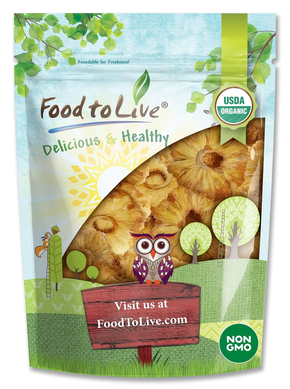 Food to Live Organic Dried Pineapple Rings, 1 Pound Non-GMO, Flavorful Chewy Fruit Snack, Vegan, Unsulfured, No Sugar Added, Bulk, Addition to Desserts, Cakes, Pies, No Sulphites, Unsweetened