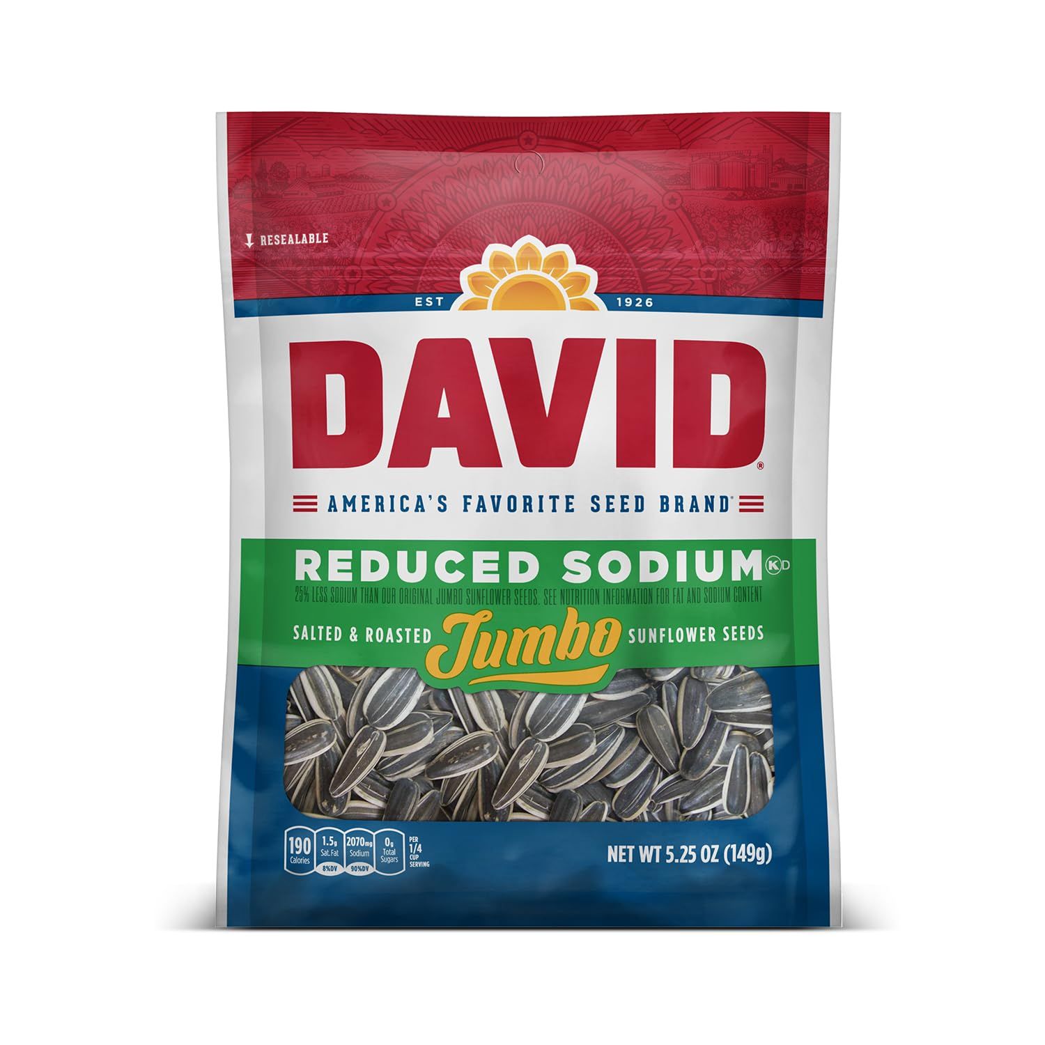 DAVID Roasted and Salted Reduced Sodium Sunflower Seeds, Original Flavor, 5.25oz.