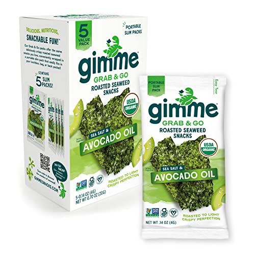 Gimme Seaweed Grab &amp; Go Organic Premium Roasted Seaweed Snacks, Sea Salt &amp; Avocado Oil, 5 Count Trayless, Keto, Vegan, Gluten-Free, Source of Omega3s, Healthy On-The-Go Snack for Kids &amp; Adults