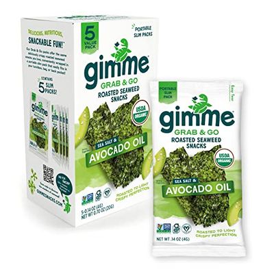 Gimme Seaweed Grab &amp; Go Organic Premium Roasted Seaweed Snacks, Sea Salt &amp; Avocado Oil, 5 Count Trayless, Keto, Vegan, Gluten-Free, Source of Omega3s, Healthy On-The-Go Snack for Kids &amp; Adults