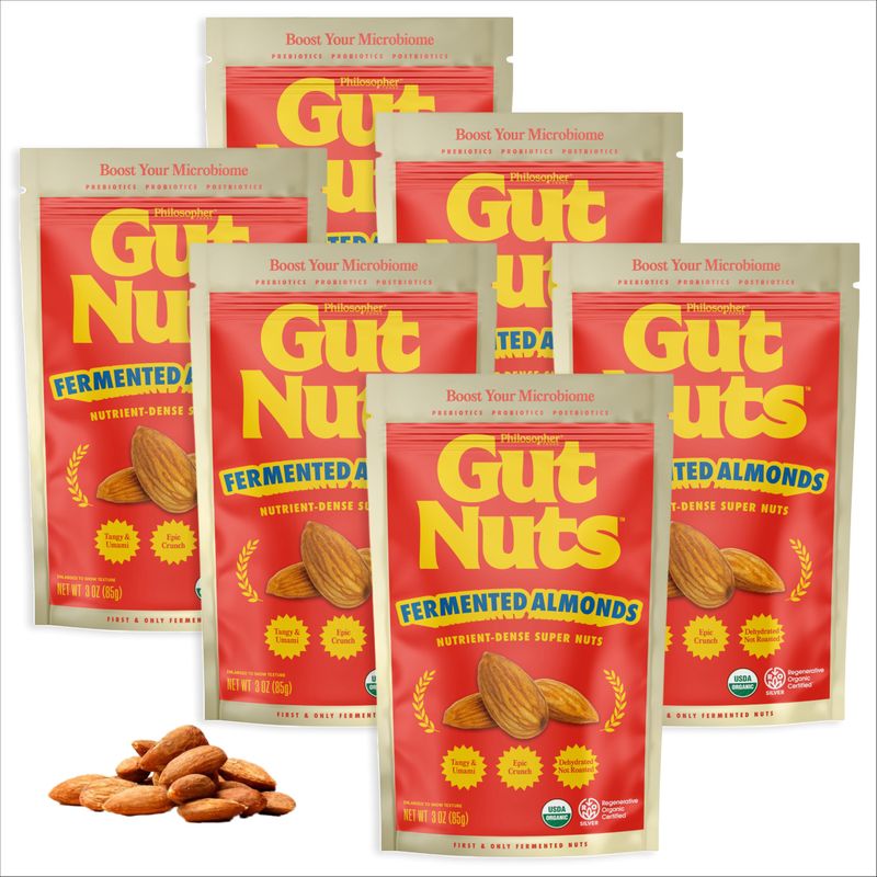 Philosopher Foods Gut Nuts - Fermented Almonds for Gut Health - Tangy, Umami, &amp; Salty Flavors - Super Crunchy Low Carb Keto Snacks - Low Sugar Prebiotic &amp; Postbiotic Almond Snacks - 3oz Pouch (6 Pack)