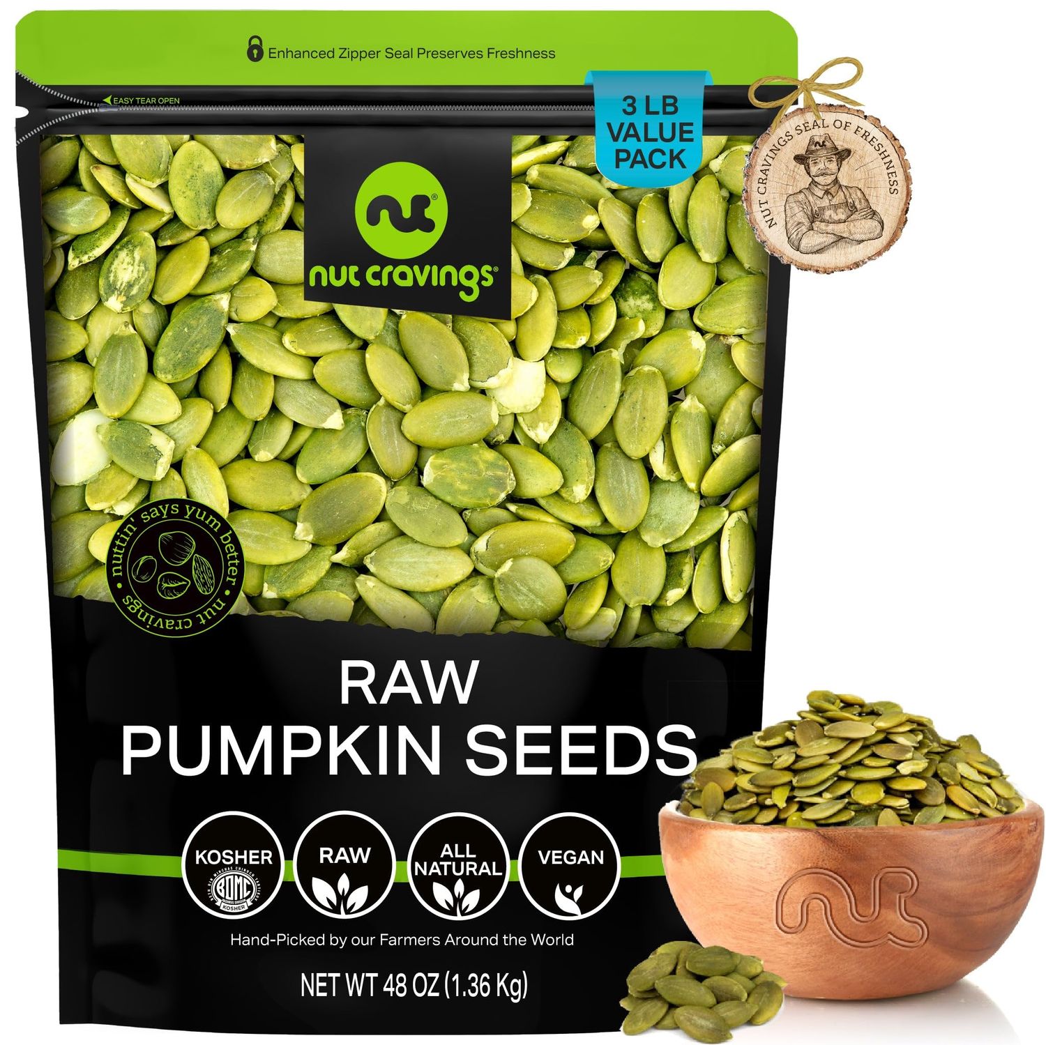 NUT CRAVINGS - Raw Pumpkin Seeds Pepitas, Unsalted, Shelled, (48oz - 3 LB) Bulk Nuts Packed Fresh in Resealable Bag - Kosher Healthy Snack, Natural Keto Vegan - Ideal for Trail Mixed Nuts