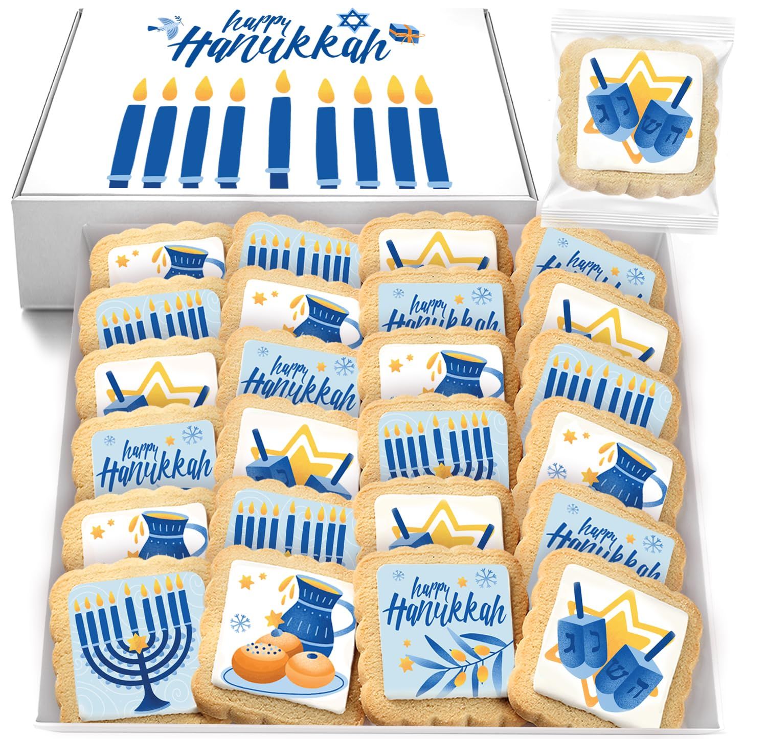 Happy Hanukkah Cookies Gift Basket Kosher bulk Party favors for Kids  Jewish Holiday Gourmet Corporate Food Gift INDIVIDUALLY WRAPPED  24 Decorated Sugar Cookies Menorah Donuts Dreidels