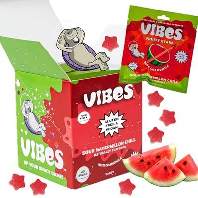 VIBES Sour Watermelon Chill Fruity Stars - Delicious Low Calorie Gluten-Free Bulk Fruit Snacks - High Fiber Healthy Fruit Snacks for Kids, Teens, &amp; Adults -2g Sugar - 6 Packs of 18 Fruit Gummies