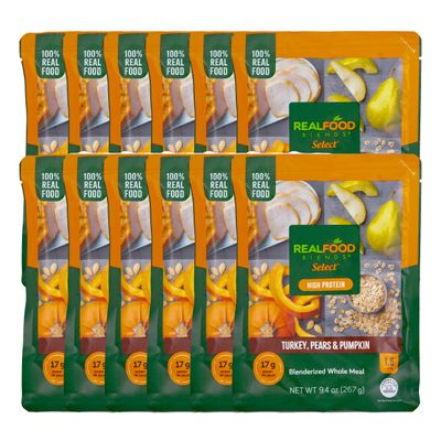 Real Food Blends Select Turkey, Pears &amp; Pumpkin - Pureed Food Meal for Feeding Tubes, 9.4 oz Pouch (Pack of 12 Pouches)