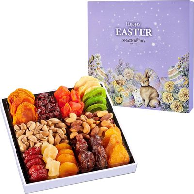 Easter Dried Fruit &amp; Nuts Gift-Basket Arrangement Platter, Gourmet Food Snack Box, For Easter Day, Healthy Kosher, Her Him, 12 Snackberry Assortment (Single)
