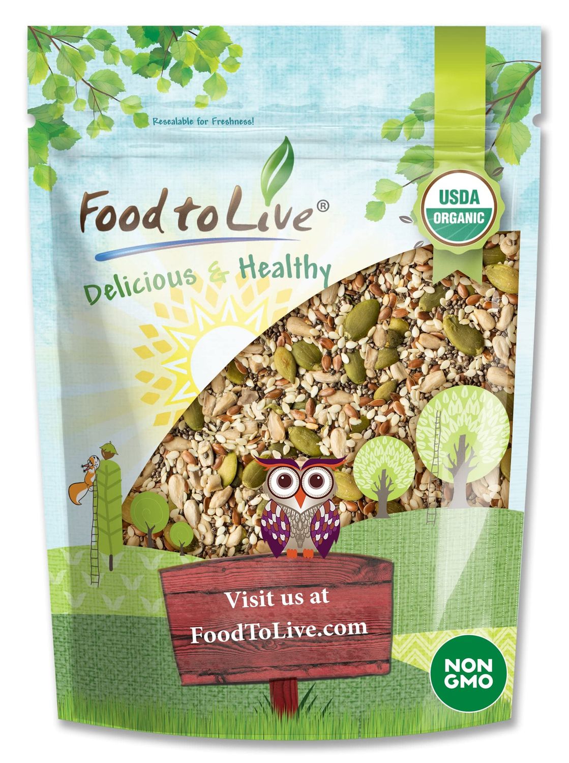 Food to Live Organic Super 5 Seeds Mix, 12 Ounces - A Non-GMO Blend of Flax Seeds, Sesame Seeds, Sunflower Kernels, Pumpkin Kernels, and Chia Seeds, Vegan, Kosher, Bulk. Great for Smoothies &amp; Salads