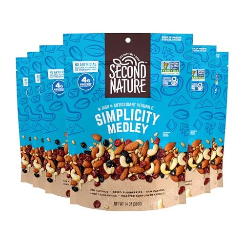 Second Nature Simplicity Medley Trail Mix - 14 oz Resealable Snack Pouches (Pack of 6), Certified Gluten-Free Snack - Dried Fruit and Nut Trail Mix, Ideal for Travel Snacks