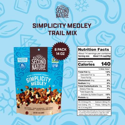 Second Nature Simplicity Medley Trail Mix - 14 oz Resealable Snack Pouches (Pack of 6), Certified Gluten-Free Snack - Dried Fruit and Nut Trail Mix, Ideal for Travel Snacks