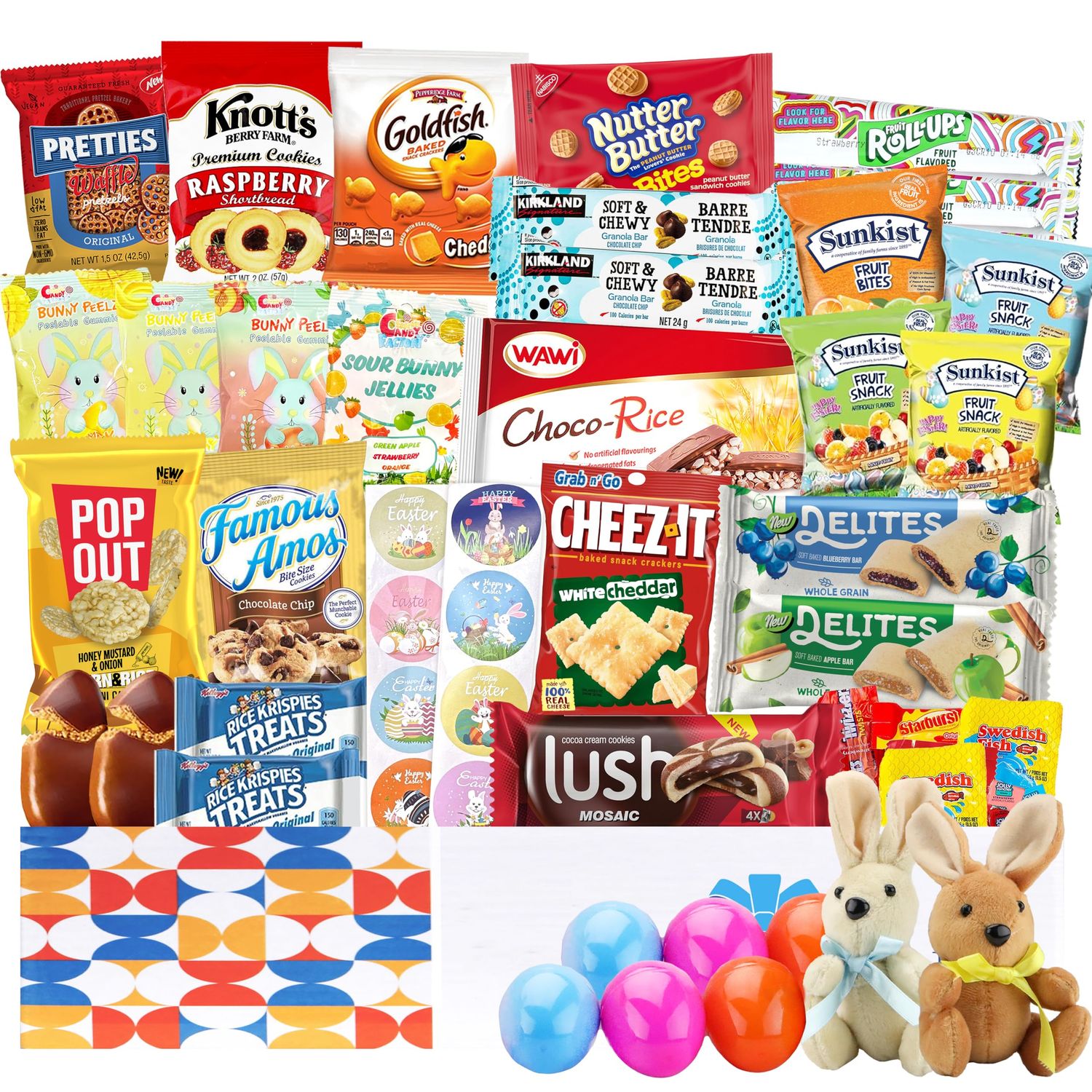 Easter Gift Box 72 Count Care Package with Two Plush Bunny Treats Snacks Gift Boxes for Couple, Girlfriend, Boyfriend, Mom, Kids, Toddlers, Friends, Men