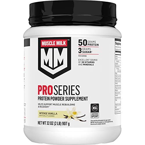 Muscle Milk Pro Series Protein Powder Supplement, Intense Vanilla, 2 Pound, 11 Servings, 50g Protein, 3g Sugar, 20 Vitamins &amp; Minerals, NSF Certified for Sport, Workout Recovery, Packaging May Vary