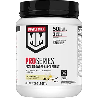 Muscle Milk Pro Series Protein Powder Supplement, Intense Vanilla, 2 Pound, 11 Servings, 50g Protein, 3g Sugar, 20 Vitamins &amp; Minerals, NSF Certified for Sport, Workout Recovery, Packaging May Vary