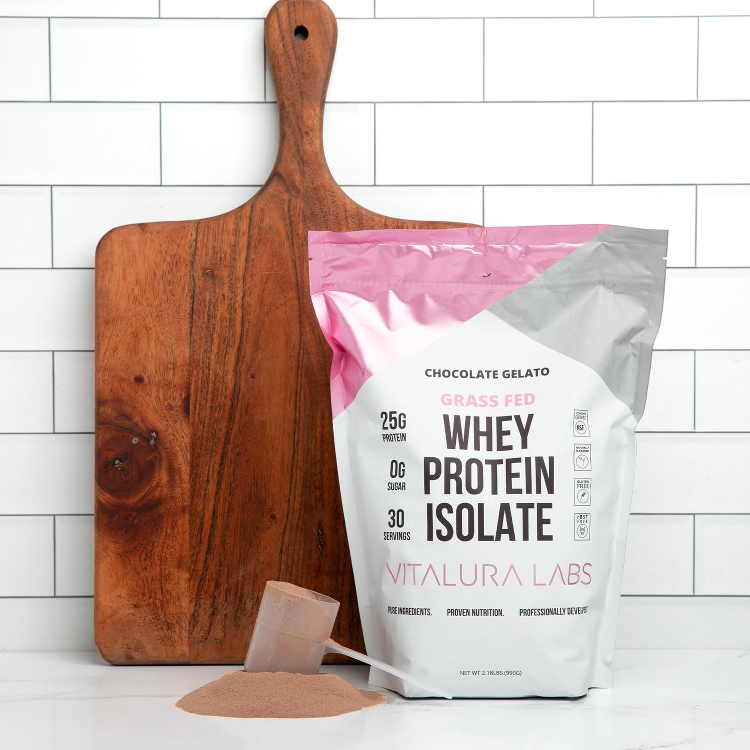 Vitalura Labs Grass-Fed Whey Protein Isolate - 25g Protein Per Serving - 100% Whey Isolate - NSF Content Certified - Chocolate Gelato Flavored - No Fillers - Easy Digesting - 30 Servings