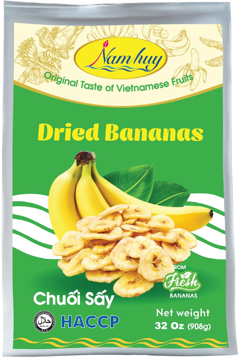 NAM HUY Dried Banana Fruit Snacks, Original Taste of Vietnamese Fruits, No-Added Sugar or Preservatives, Delicious Crispy Texture, Vegan Snack Packs, HACCP &amp; Halal Certificate (32 Oz)