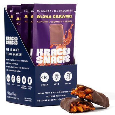 Krackd Snacks Keto Milk Chocolate Snack Bars - On-the-Go, Low Carb, Dairy Free Chocolate with Almonds and Coconut Caramel - Gluten Free, Sugar Free Candy - (Milk Chocolate Aloha Caramel, 5 Pk)