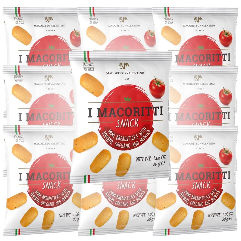 I Macoritti Snack Breadsticks with Tomato, Oregano, and Paprika - Authentic Italian Snack, Oven-Baked, Made in Italy - 1.06 oz, 10 Pack