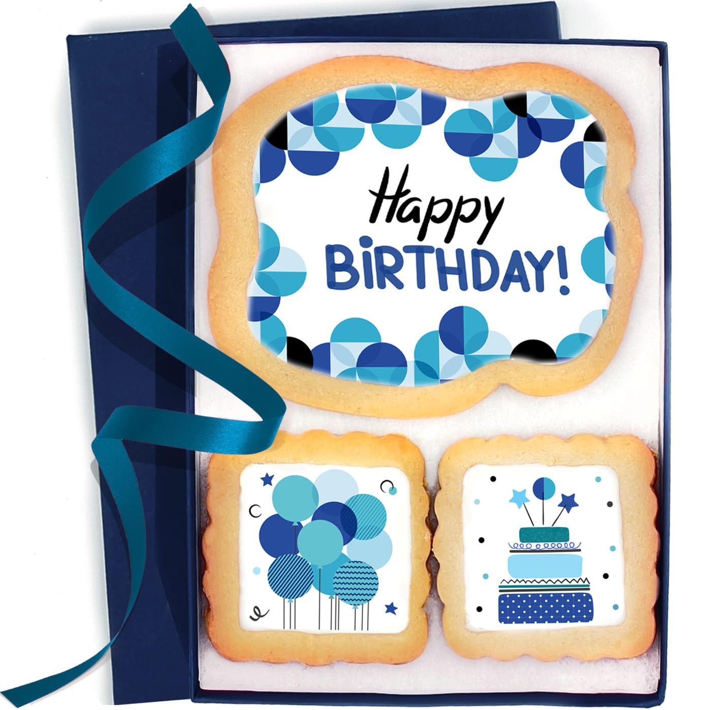 Happy Birthday Cookies Blue Gift Basket For Men and Boys Him Decorated Sugar Cookie Gift Box Mens  Nut Free  3 Pack  Kosher