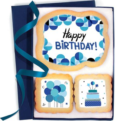 Happy Birthday Cookies Blue Gift Basket For Men and Boys Him Decorated Sugar Cookie Gift Box Mens  Nut Free  3 Pack  Kosher