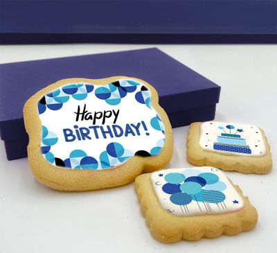 Happy Birthday Cookies Blue Gift Basket For Men and Boys Him Decorated Sugar Cookie Gift Box Mens  Nut Free  3 Pack  Kosher