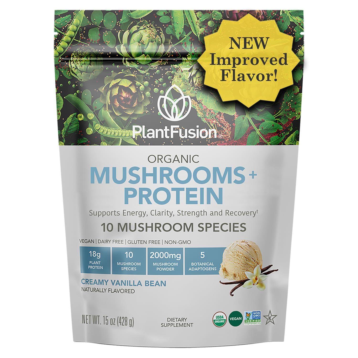 Plantfusion Mushroom Protein Powder - 3 in 1 Vegan Protein Powder, Mushroom Supplement, and Adaptogen Supplement - Support Mental Focus, Immunity, and Recovery - Vanilla 1lb