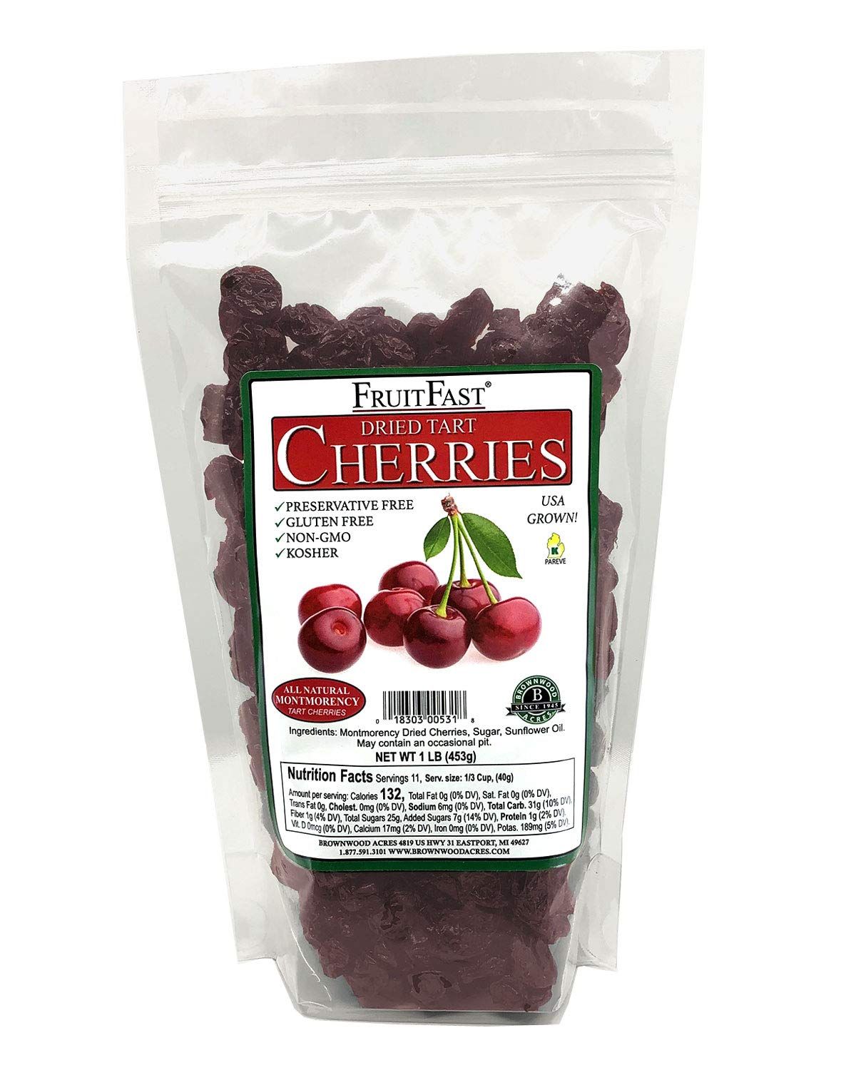 Premium Michigan Montmorency Dried Cherries by Brownwood Acres - Slightly Sweetened - Non-GMO, Gluten Free, Kosher Certified All Natural Healthy Snack Alternative (1 Pound)